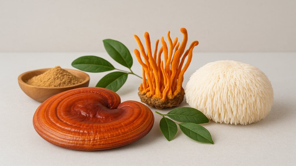 Vitalpilze Wirkung – Reishi, Cordyceps und Hericium nebeneinander fotografiert