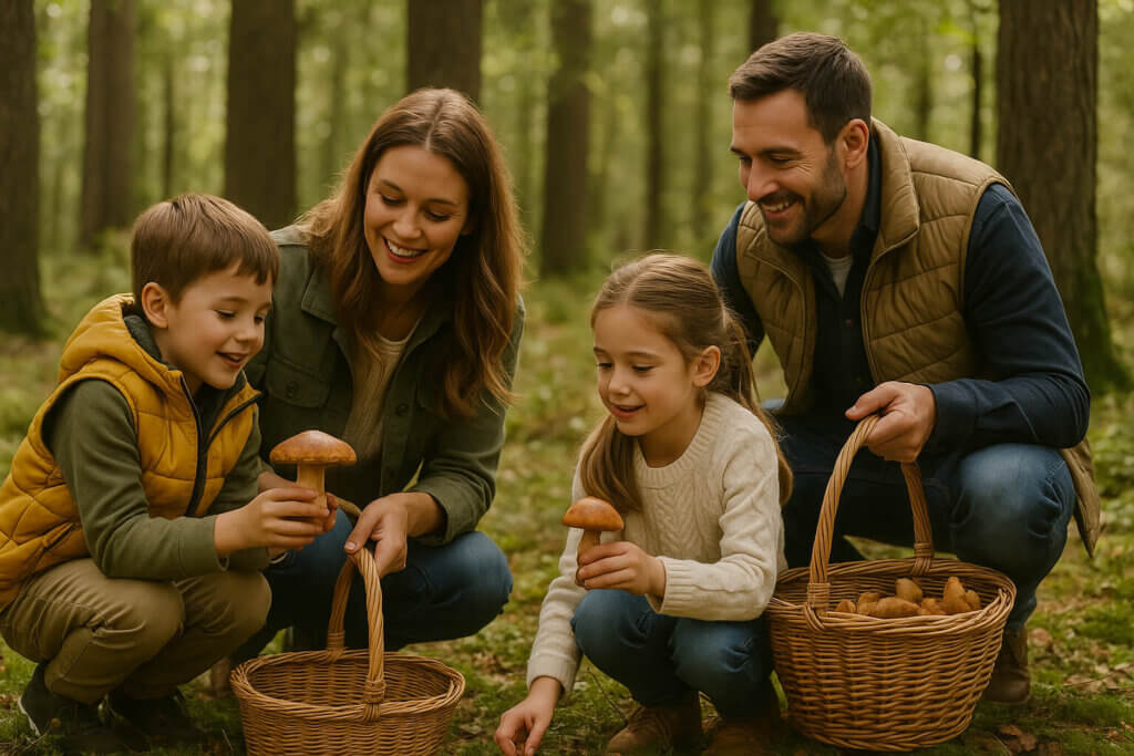 Eltern bringen Kindern Wissen über Pilze bei