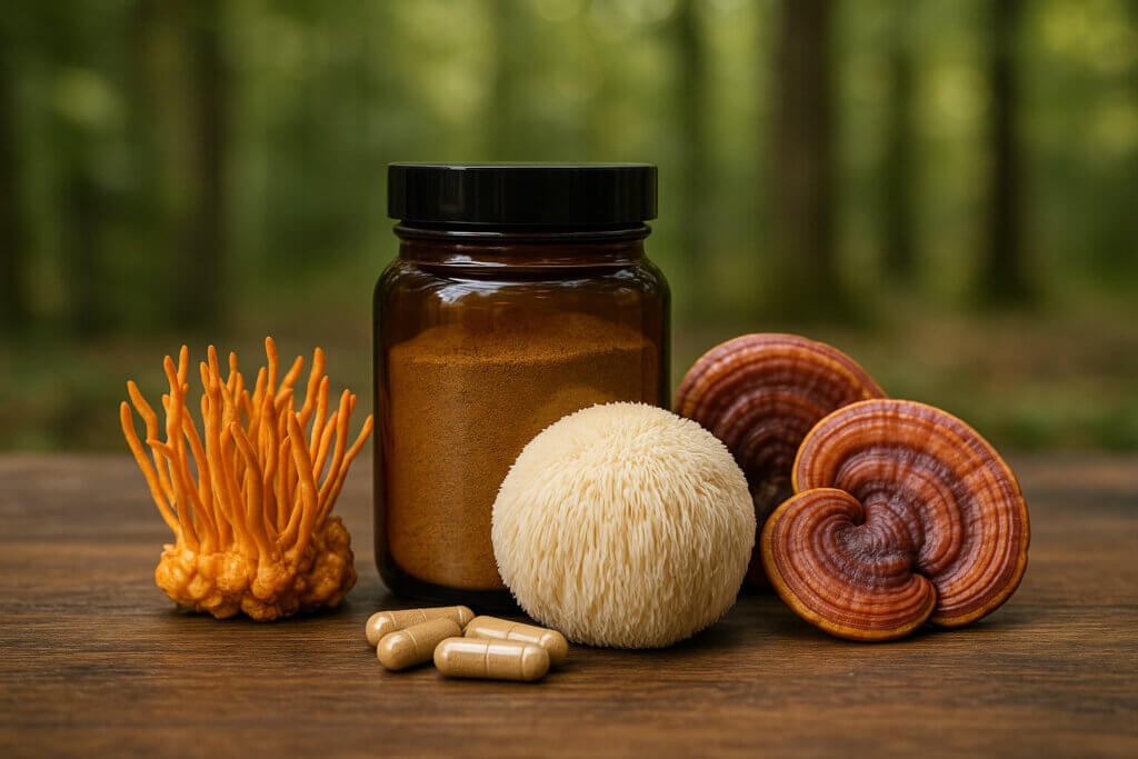 Vitalpilze auf Tisch im Wald