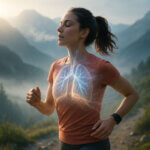 Frau atmet frischen Sauerstoff in den Bergen