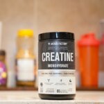 Creatine monohydrate from Jacked Factory displayed on a kitchen counter.