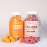 Vibrant product image of Jellybee Turmeric & Ginger and Collagen gummies on a white surface.